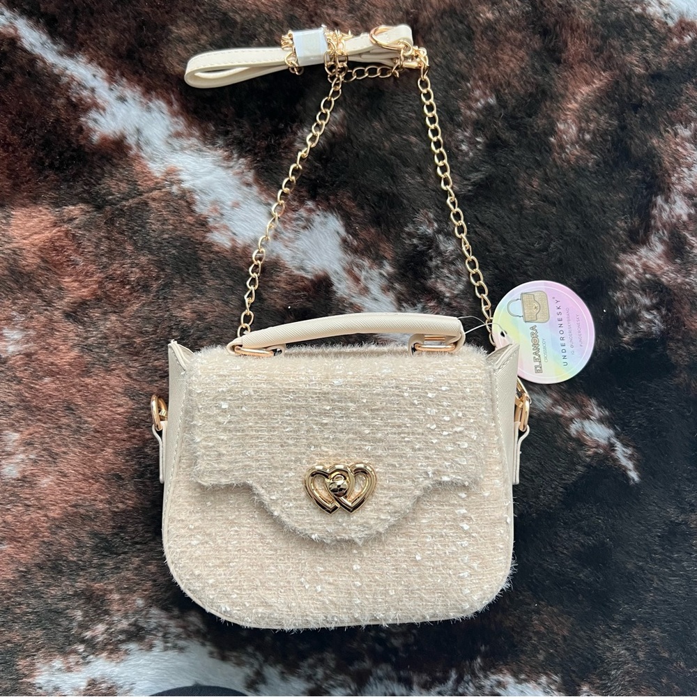 Ivory Tweed Top Handle gold Chain Crossbody Purse with Double Heart Closure